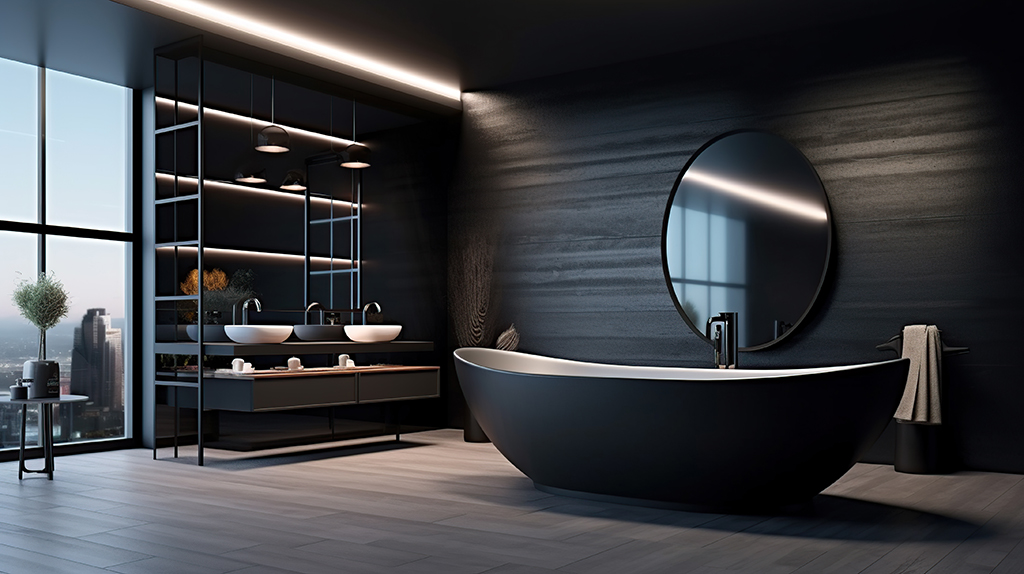 bathroom interior design with matte black bath Generative AI